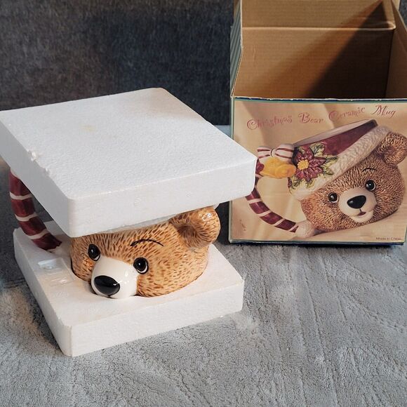 Vintage 1996 Teddy Bear Christmas Holiday Mug 20 oz Cup Nuts~Candy~Planter w/Box - Picture 6 of 11